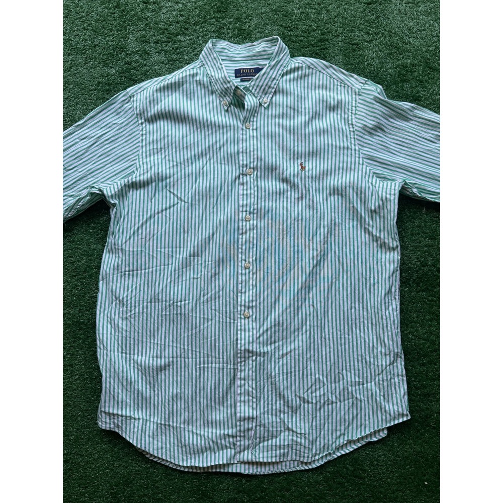 Polo Ralph Lauren Mens XL Green White Striped Short Sleeve Button Down Shirt